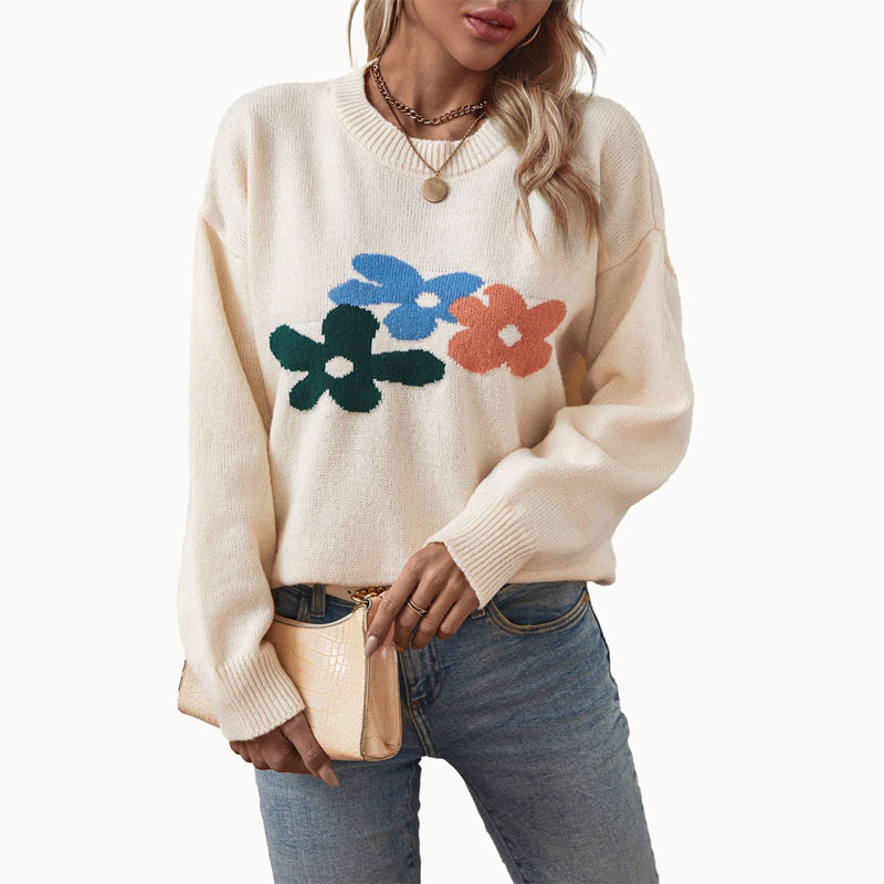 Mujeres flor jacquard suéter de punto